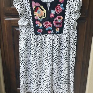 Black & White Polka Dot Dress with Floral Embroidery